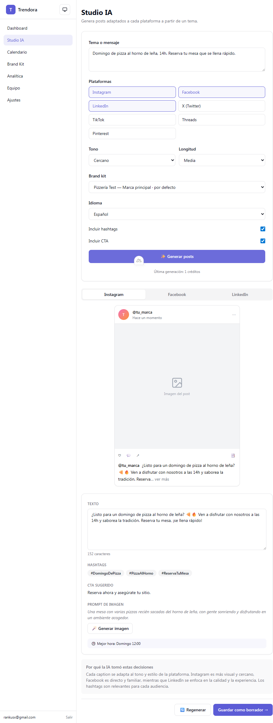Studio IA de Trendora generando un post para Instagram